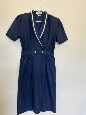 Talbots Petite Navy Linen Cotton Nautical Button Front Midi Dress